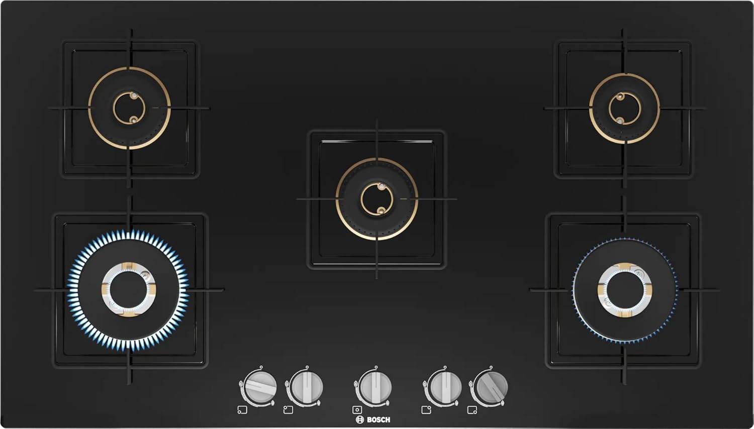 Bosch Built in Gas Hob Black Tempered glass Glass 5 Burner Auto Ignition 90 cm True Brass