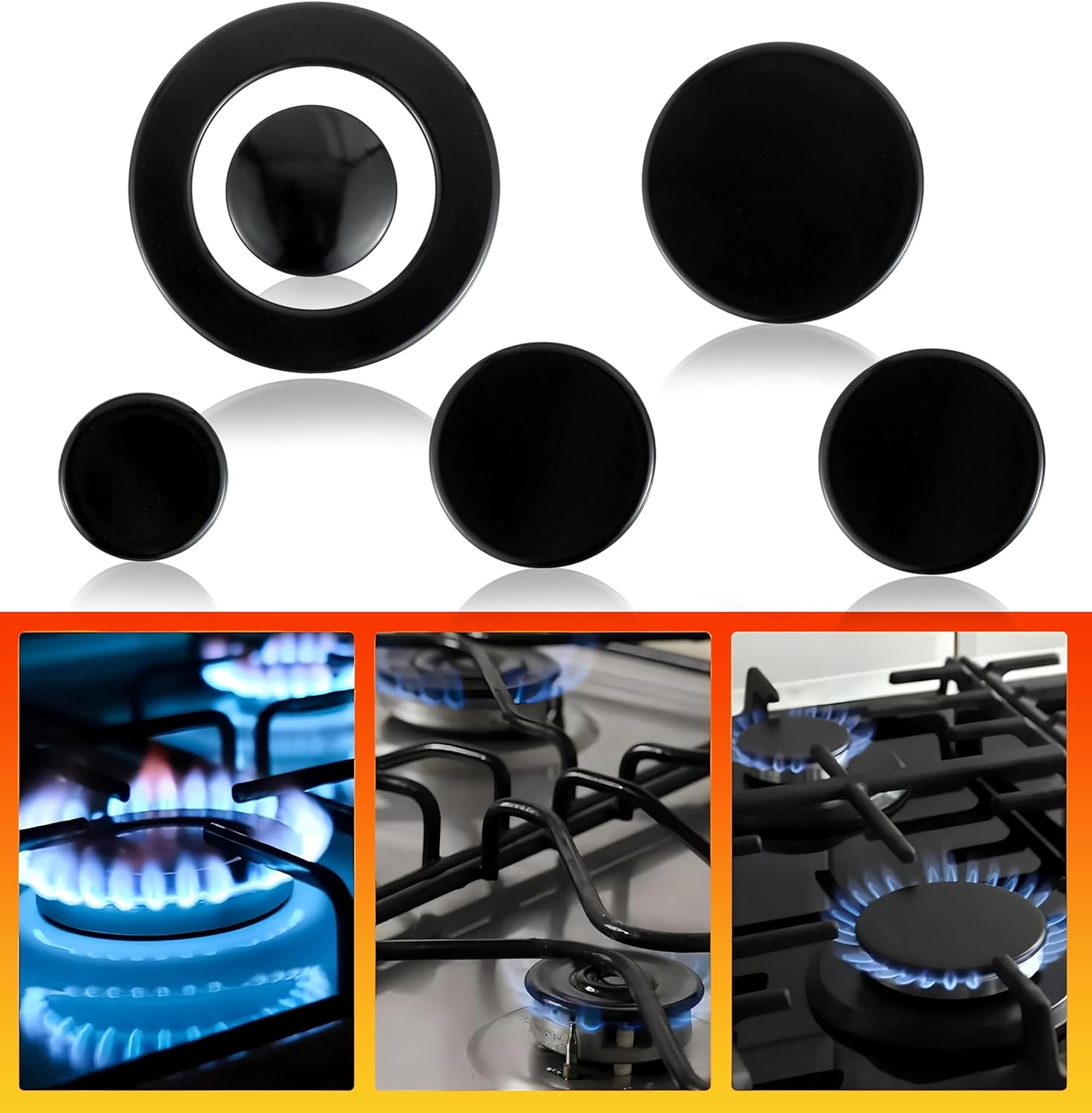 Upgraded Gas Stove Burner Cap Set - 6 Piece Metal Cooker Hat Replacement Kit For SABAF Stoves,Oven Gas Hob Burner Crown Flame Cap Cover